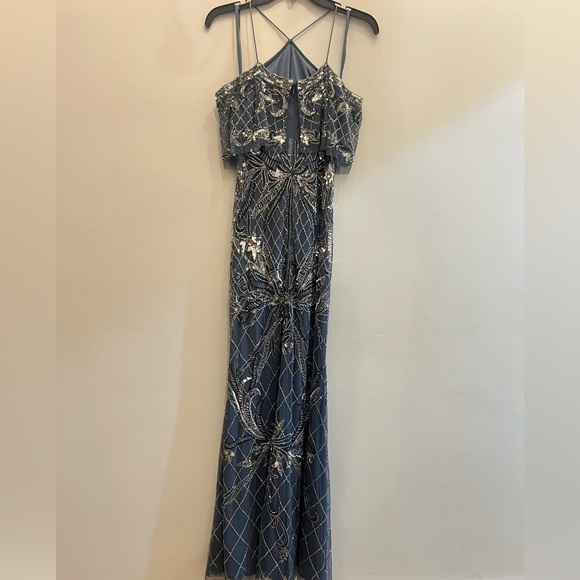 Brand new Aidan Mattox Womens Blue Beaded Off-The-Shoulder Evening Dress Gown - Picture 6 of 8